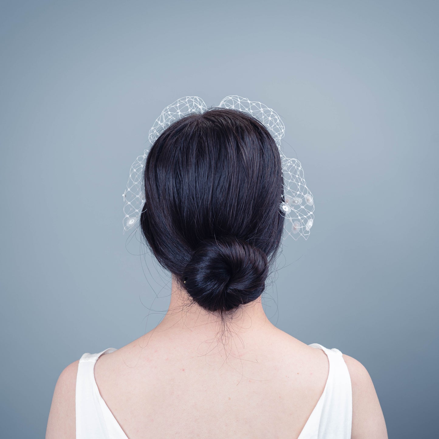 All of Me bridal birdcage veil on headband with white sequin polka dots