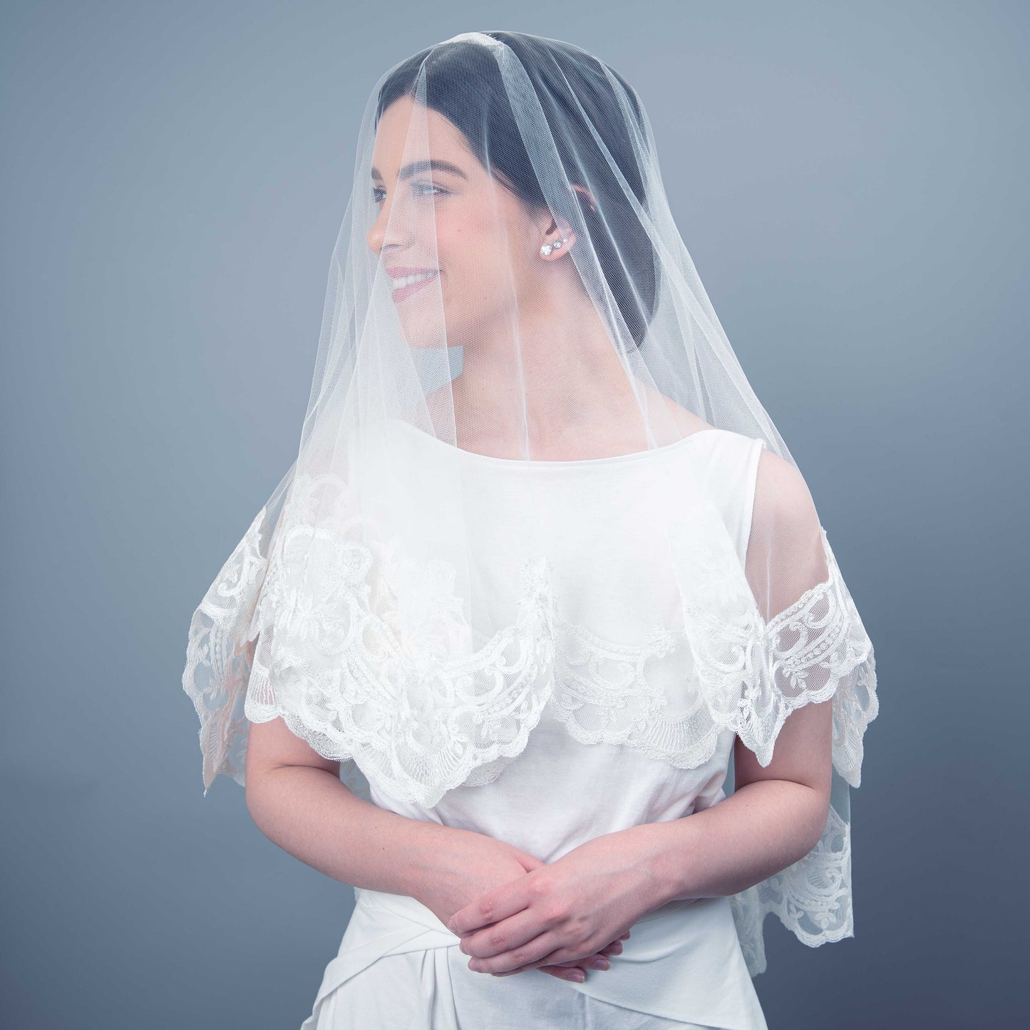 At Last Lace Edged Waist Length Veil