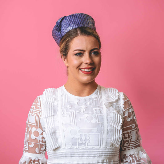 Betty Pillbox with knot trim in purple straw braid