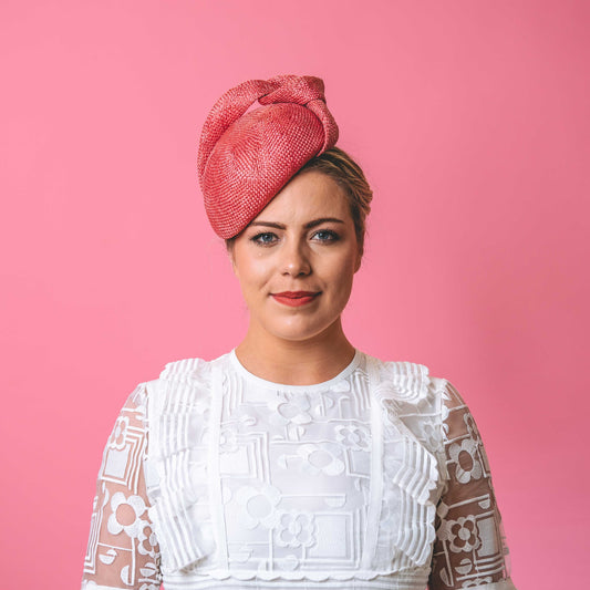 Celeste Beret with knotted trim in textured straw in pink