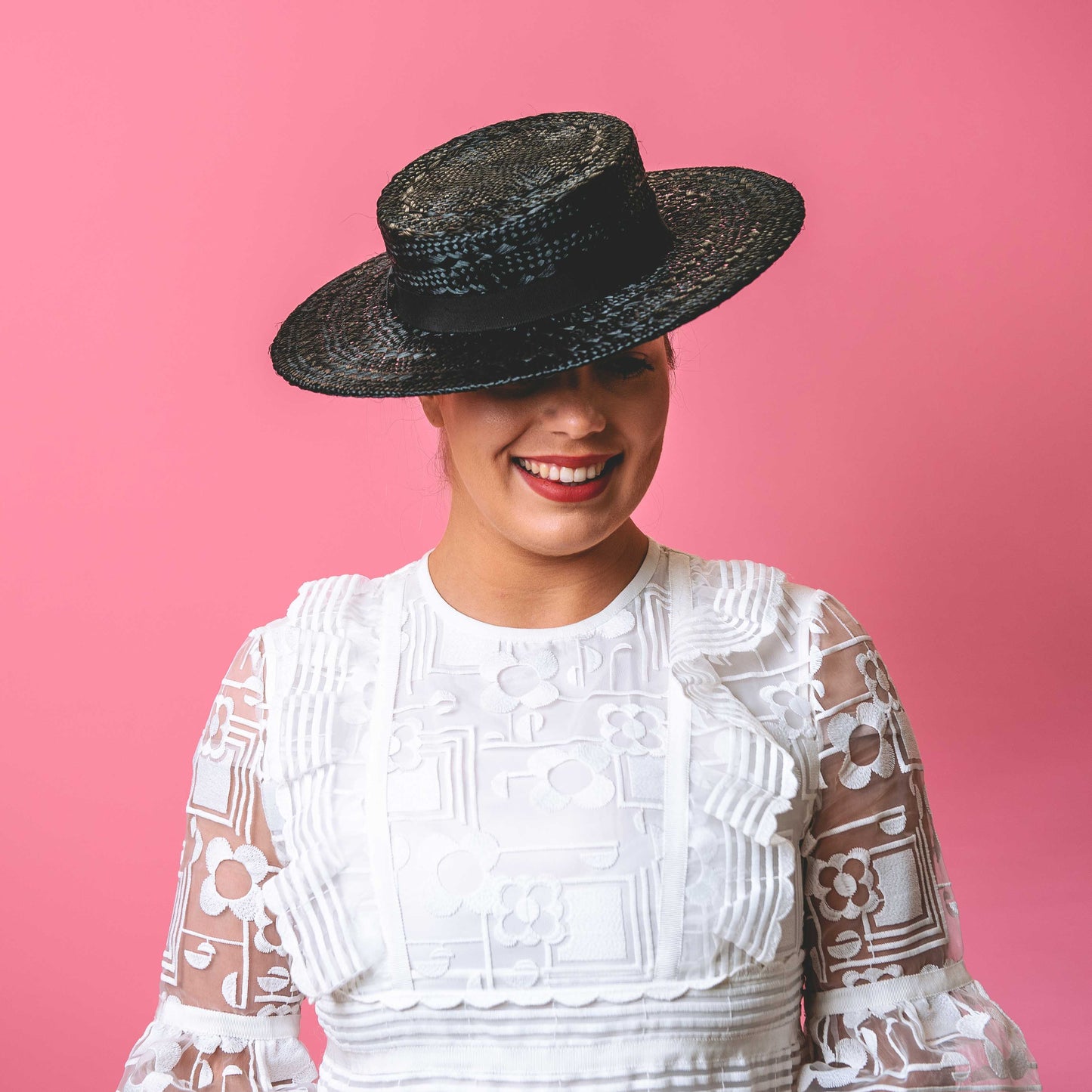 Claudia Straw Boater with textured black straw with petersham band