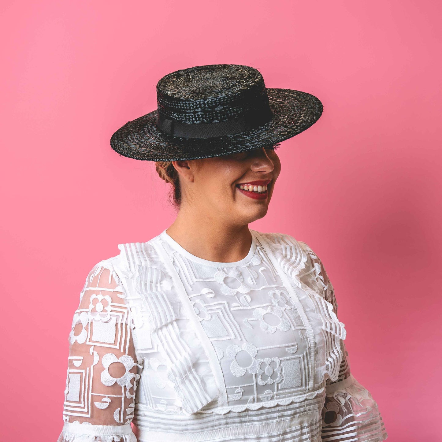 Claudia Straw Boater with textured black straw with petersham band