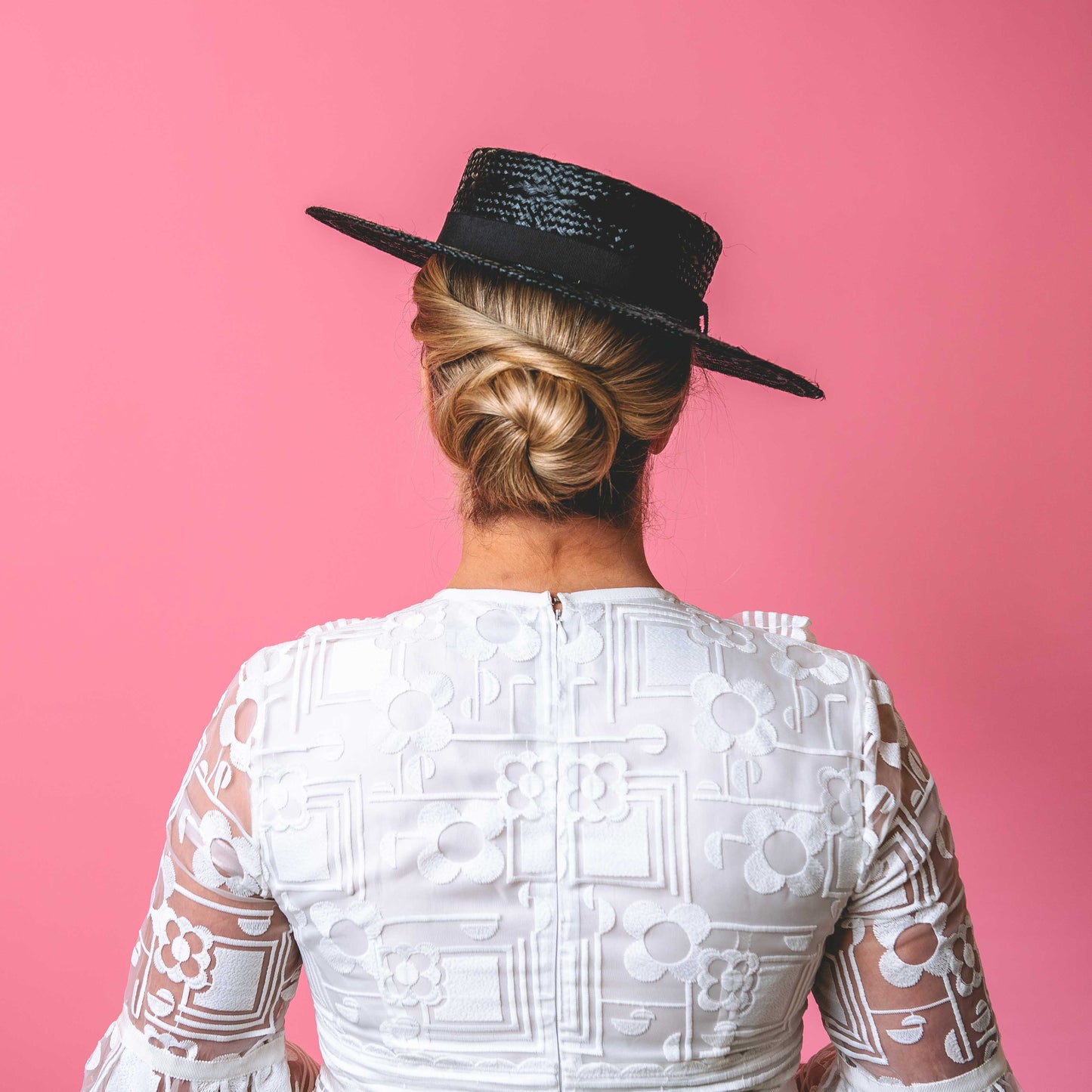 Claudia Straw Boater with textured black straw with petersham band