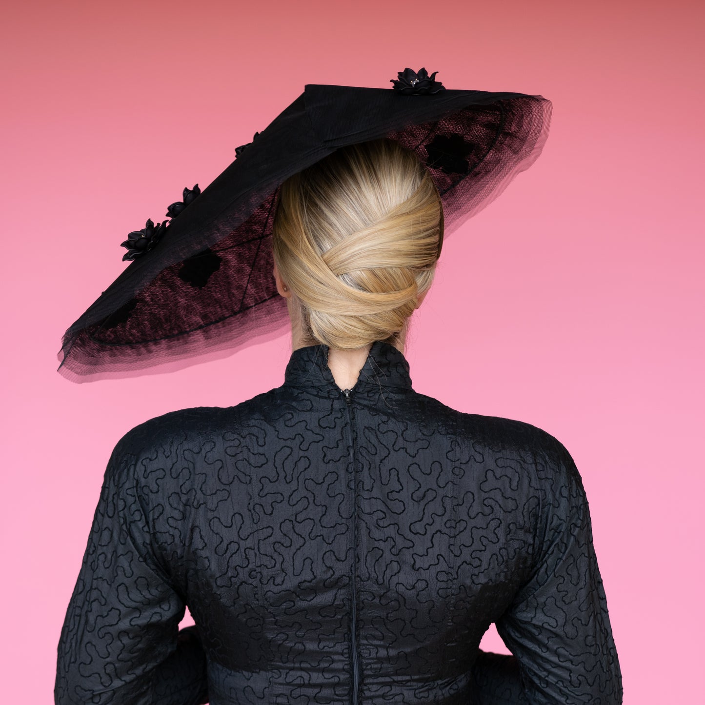 Edi Meadows Peaked Brim Hat in Black Tulle with beaded flowers