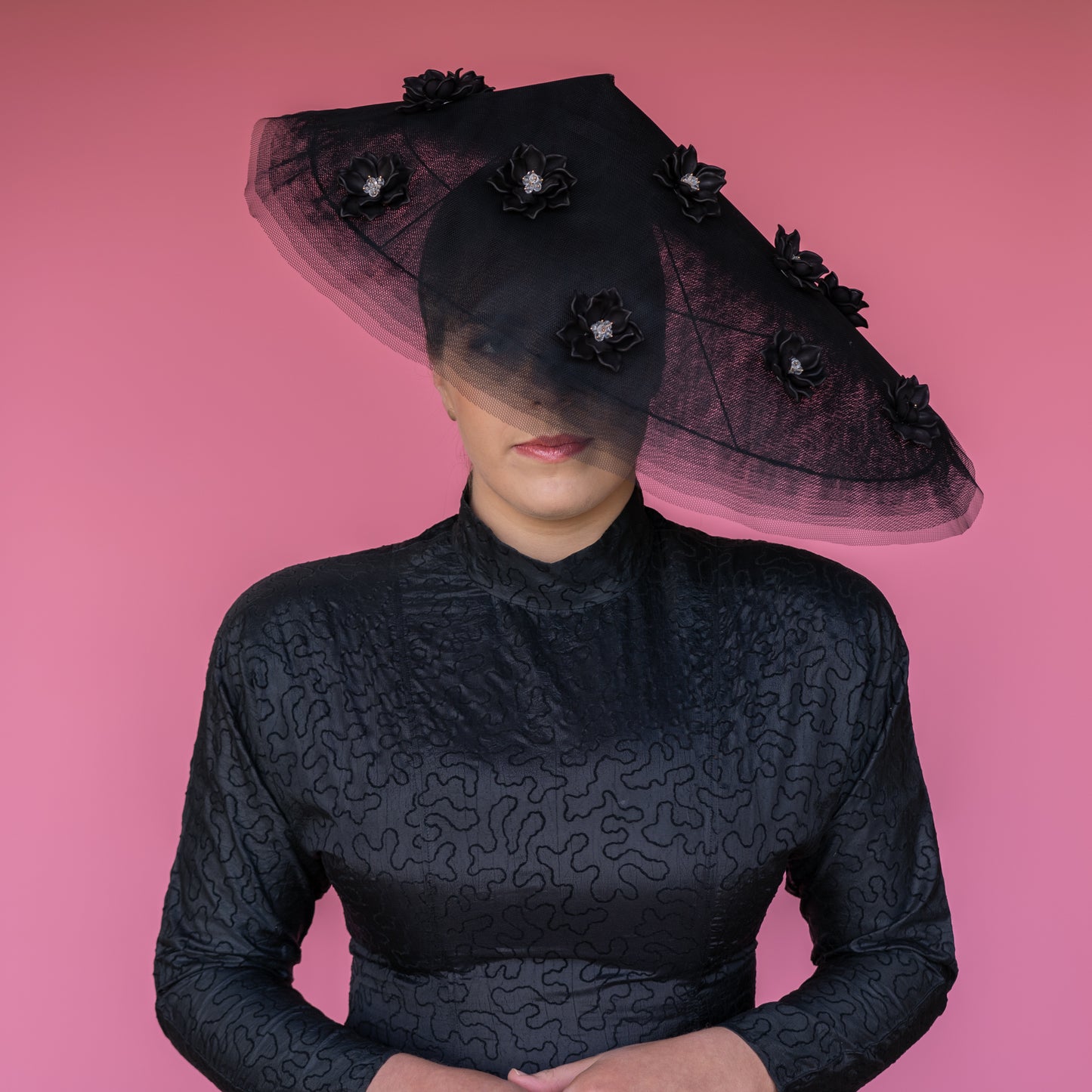 Edi Meadows Peaked Brim Hat in Black Tulle with beaded flowers