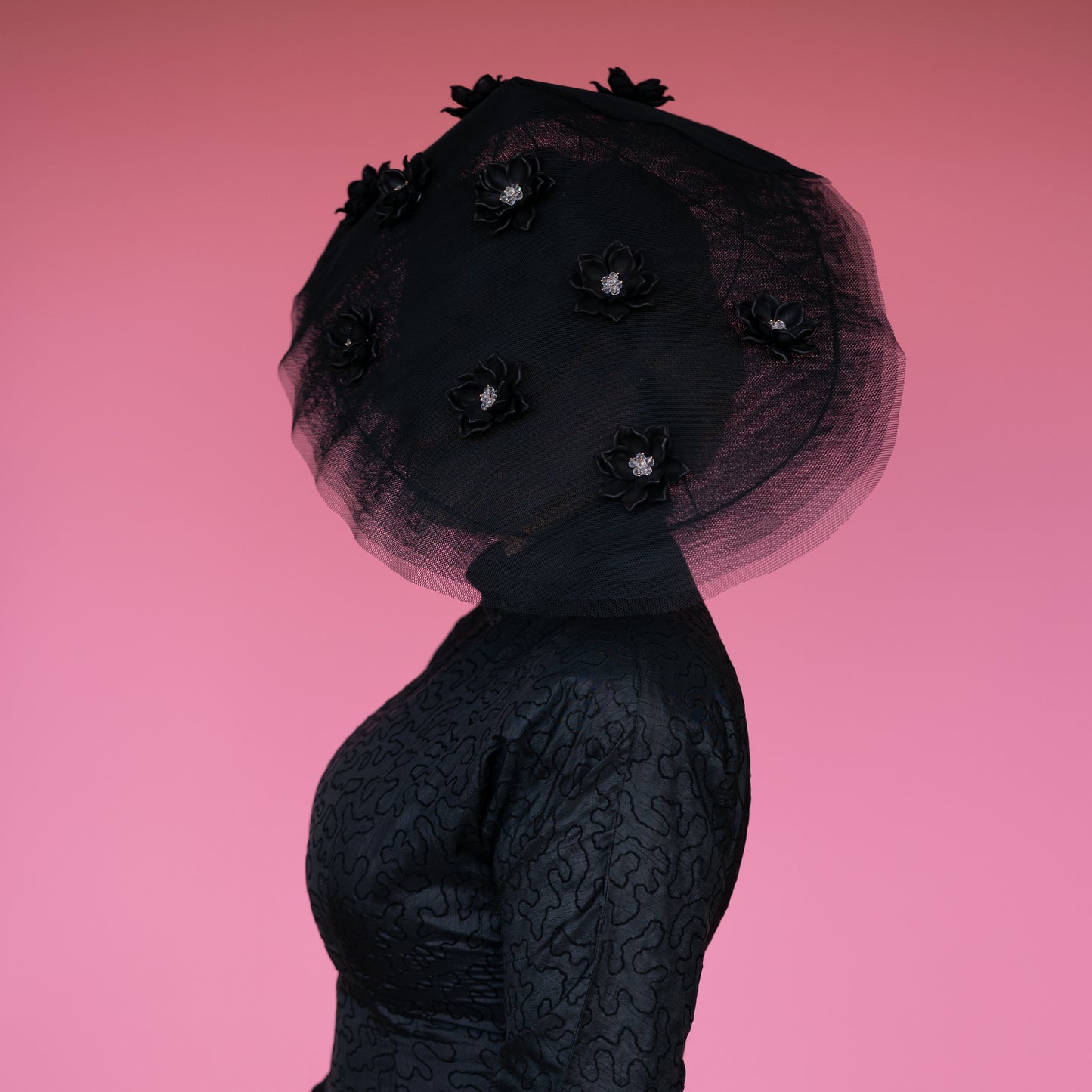 Edi Meadows Peaked Brim Hat in Black Tulle with beaded flowers