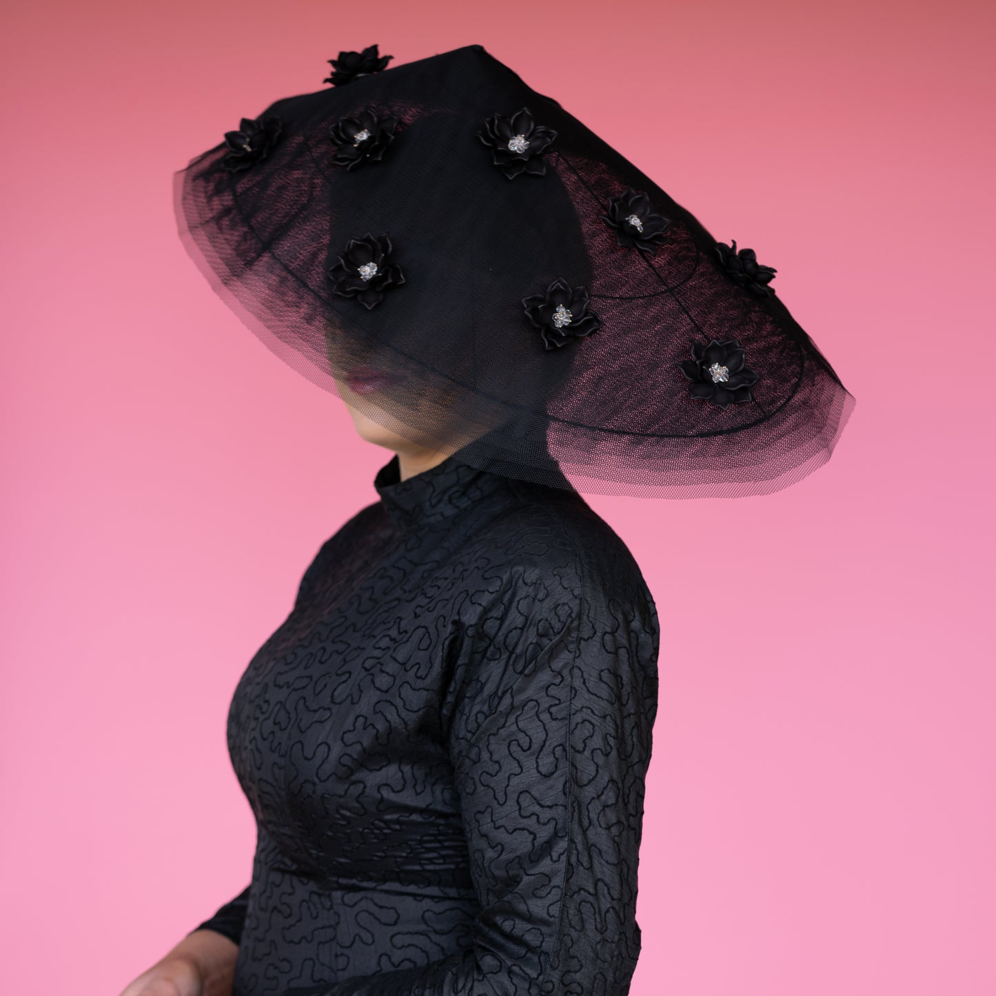 Edi Meadows Peaked Brim Hat in Black Tulle with beaded flowers