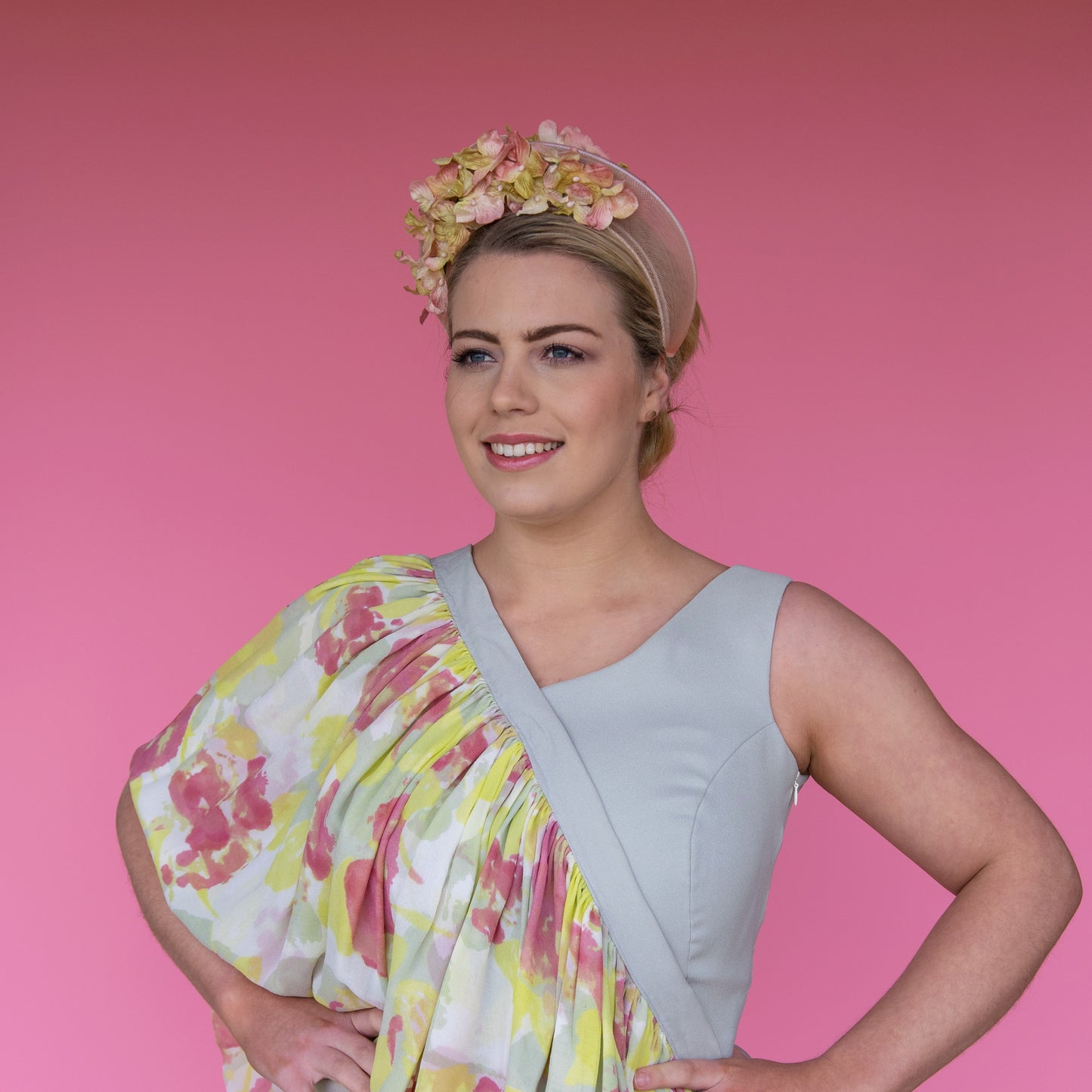 Frankie Floral Crinoline Halo Headband in Pink with vintage flowers