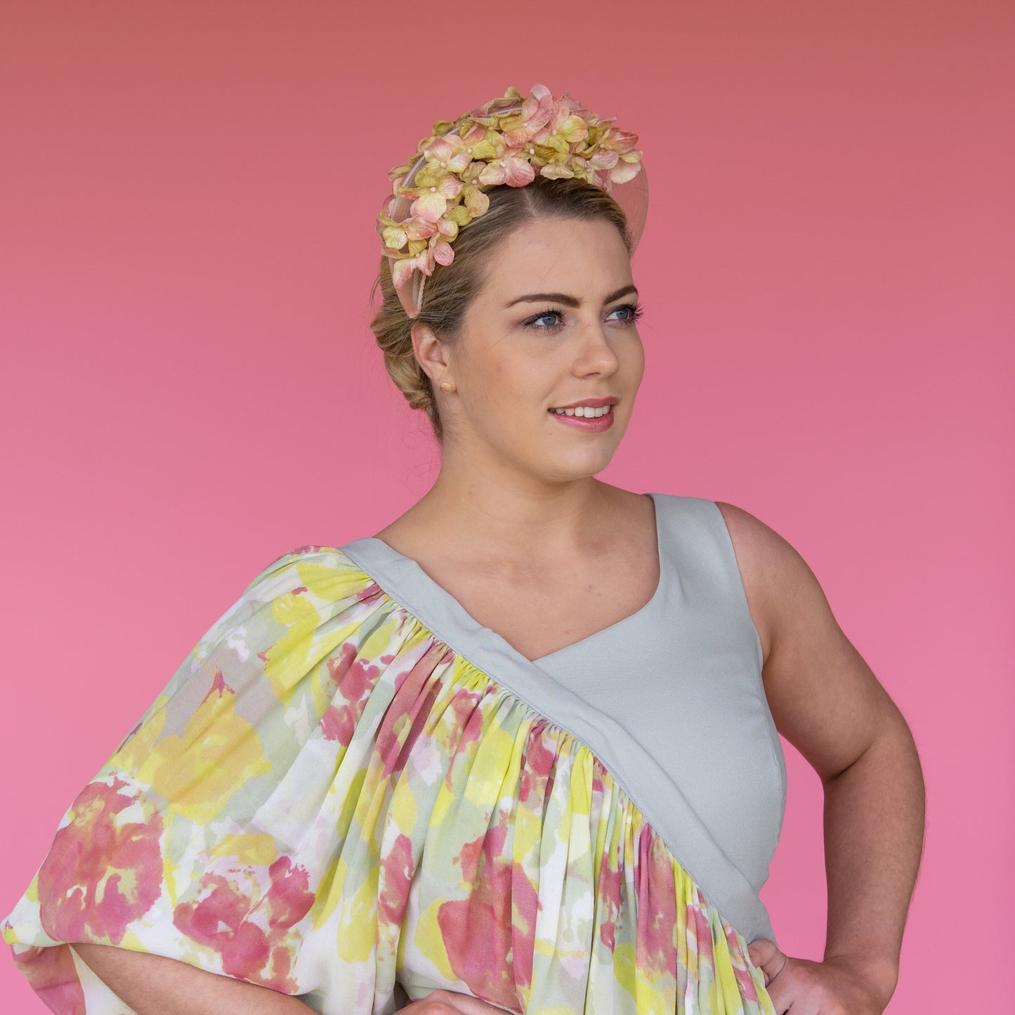 Frankie Floral Crinoline Halo Headband in Pink with vintage flowers