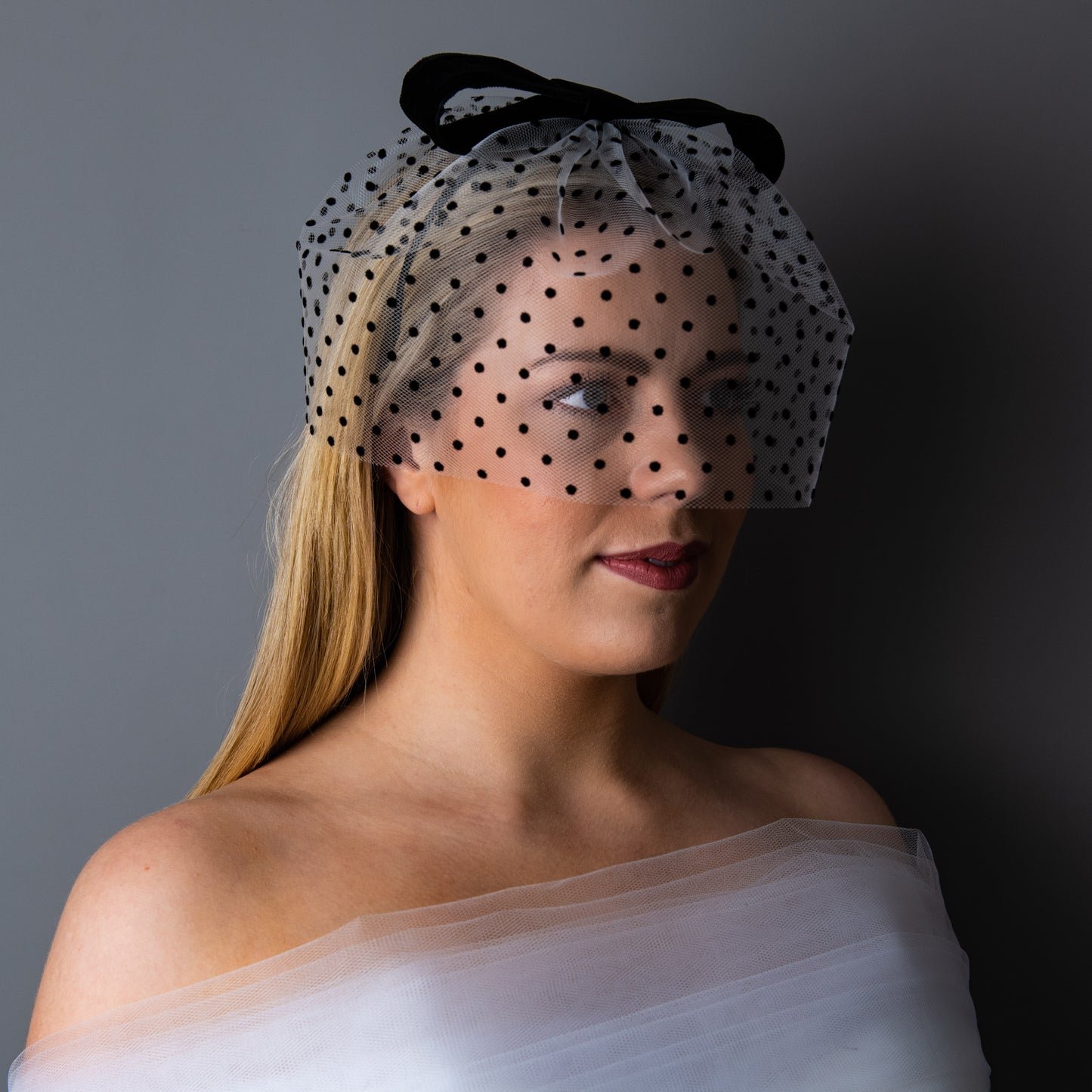 No Other Love Black and White Polka Dot Veil with Black Velvet Bow