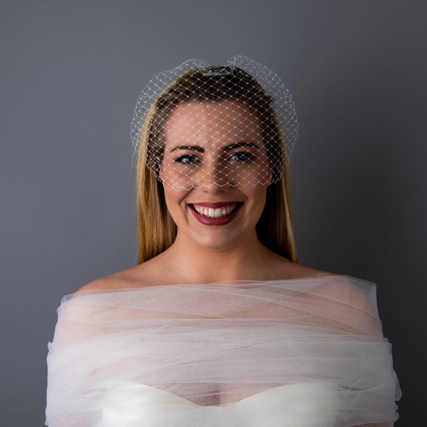 All of Me bridal birdcage veil on headband in white veiling
