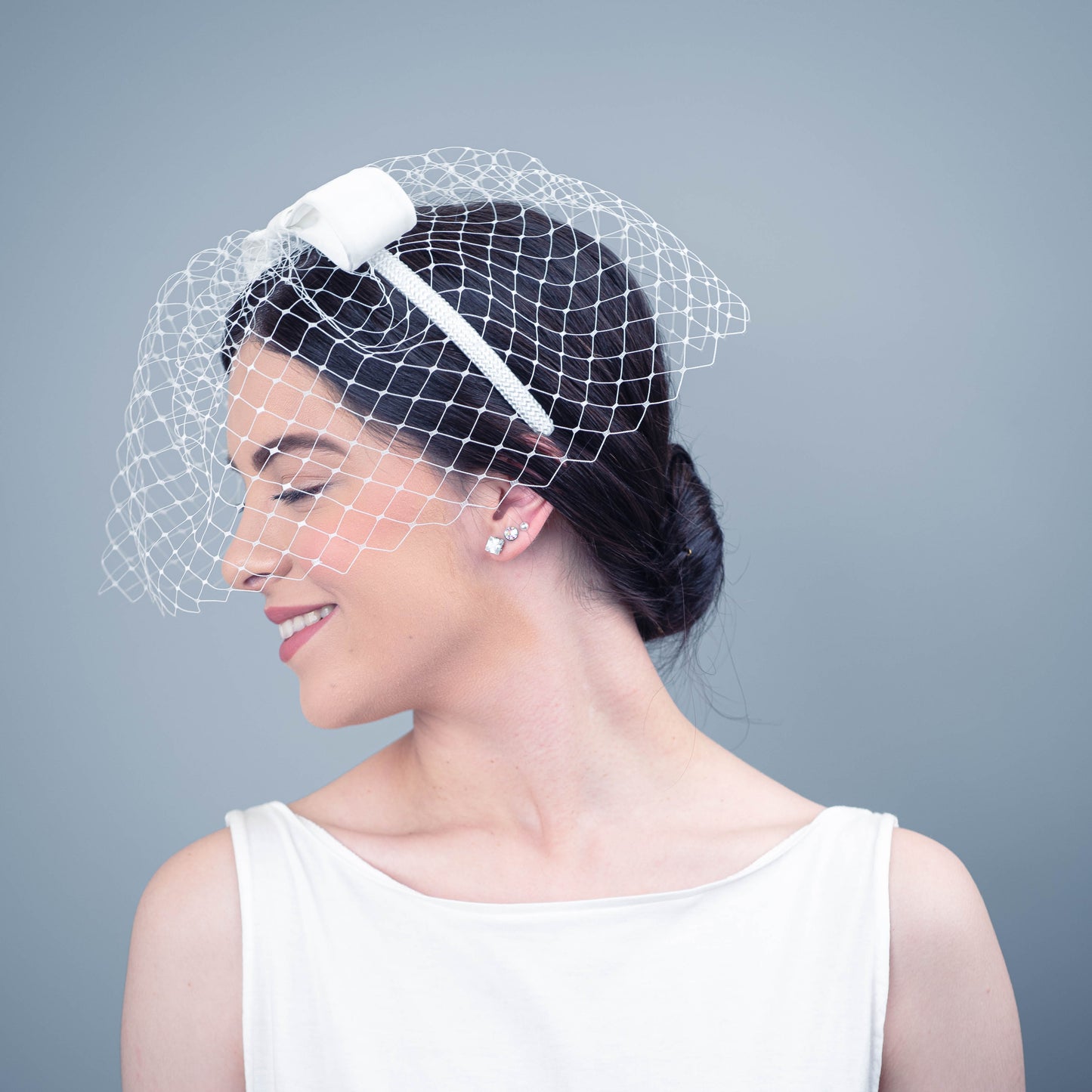 No Other Love white birdcage veil with velvet bow