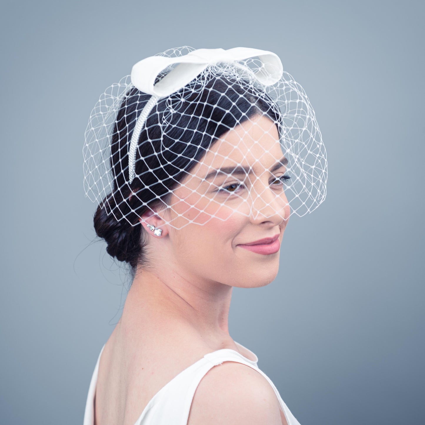 No Other Love white birdcage veil with velvet bow